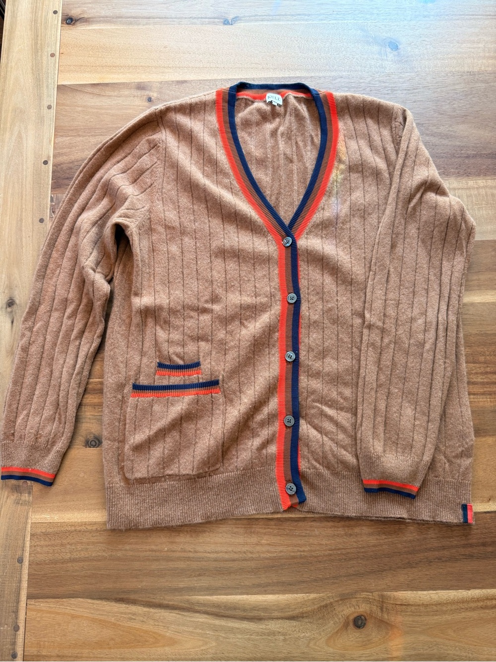 KULE Tan Ribbed V-Neck Cardigan with Red & Navy Trim